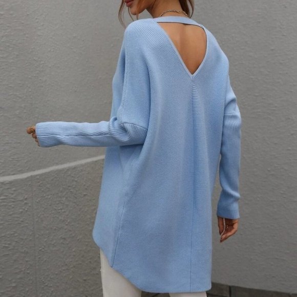 Batwing long Sleeved Keyhole Back detail knit Sweater top Blue - Picture 2 of 6